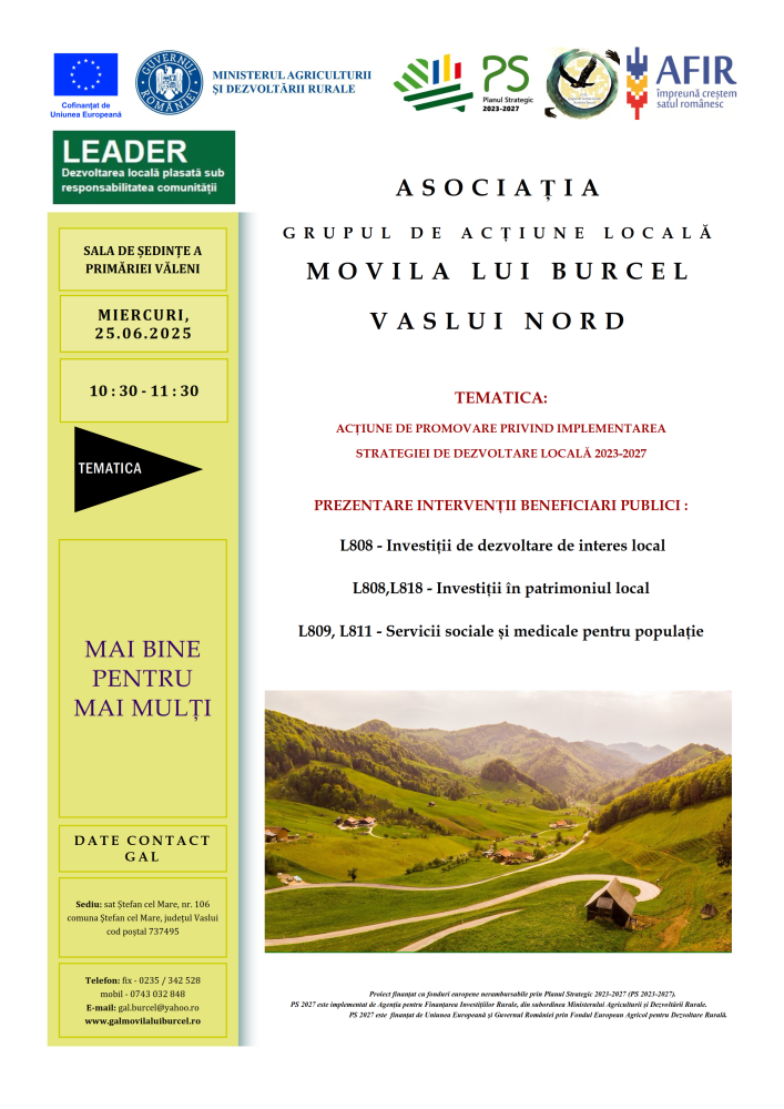 Asociația GAL Movila lui Burcel Vaslui Nord - întâlnire în sala de ședințe a Primăriei Văleni, miercuri 25.06.2025, orele 10.30 -11.30