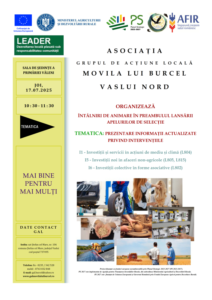 Asociația GAL Movila lui Burcel Vaslui Nord - Anunț întâlnire în sala de ședințe a primăriei Văleni, joi 17.07.2025 10:30 - 11:30