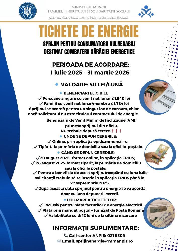 Informații Tichet electronic de energie pentru acoperirea unei părți din factura la energie