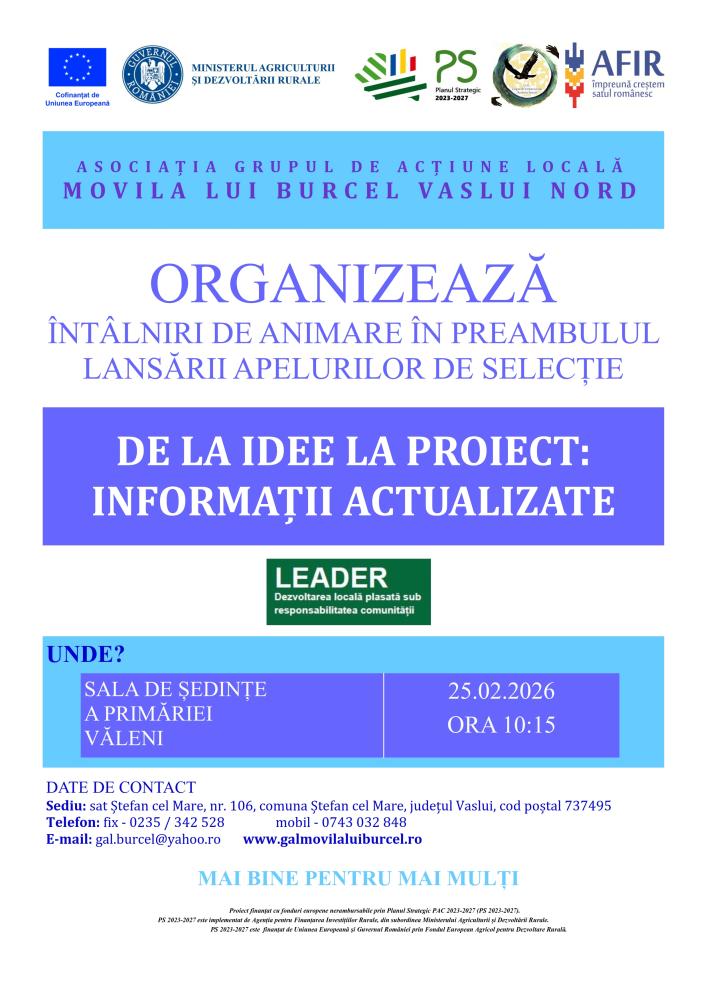 Asociația GAL Movila lui Burcel Vaslui Nord - Anunț întâlnire în sala de ședințe a primăriei Văleni, miercuri 25.02.2026, ora 10:15