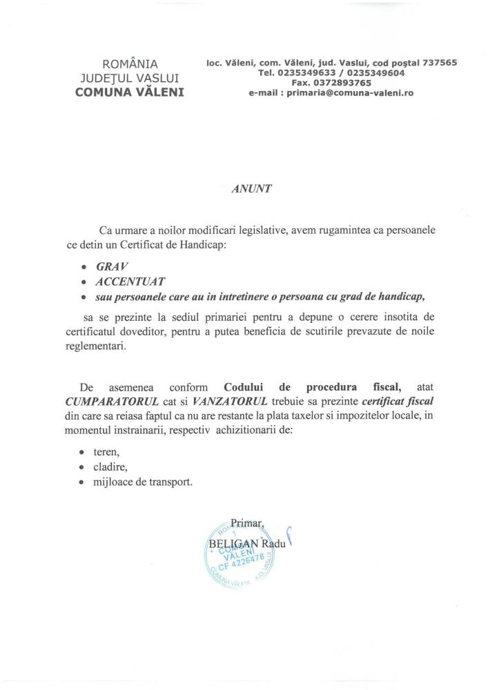 Anunț privind persoanele cu handicap