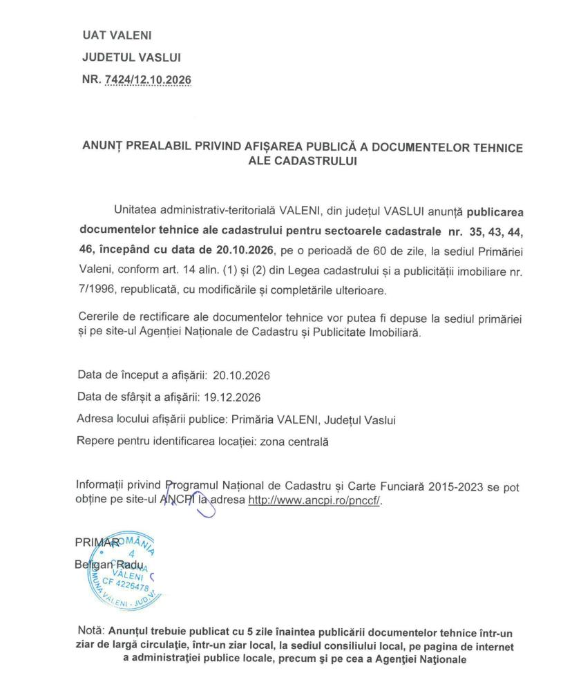 <div>Anunț prealabil privind afișarea publică a documentelor tehnice ale cadastrului</div>