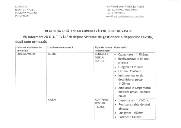 Informații privind gestionarea deșeurilor textile în Comuna Văleni, județul Vaslui